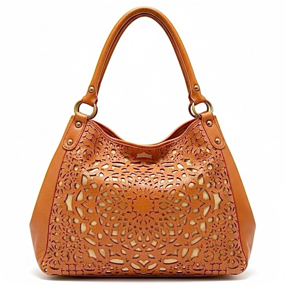 Isabella Fiore Cinnamon Laser Cut Leather Hobo Handbag Bag